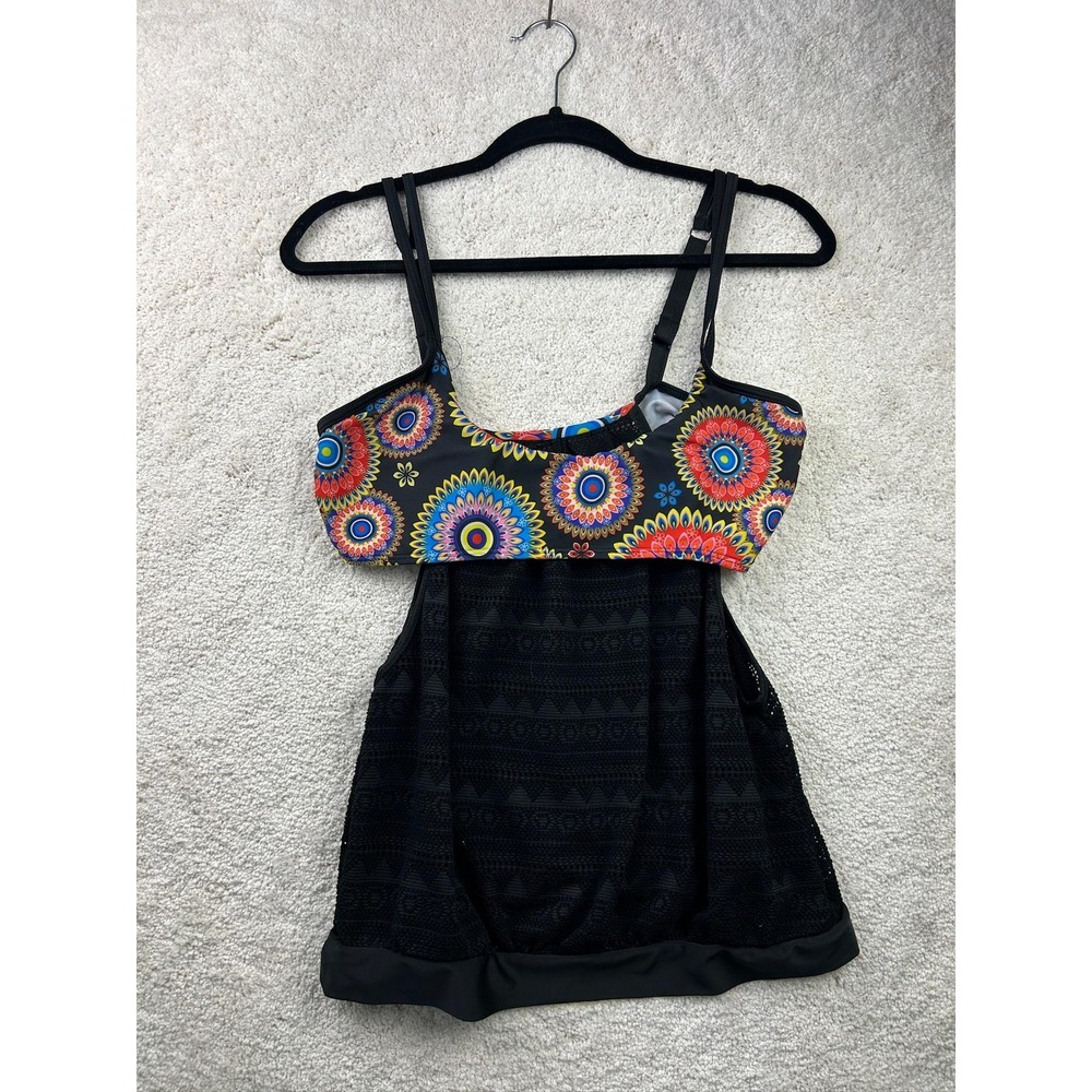 Tankini Swimsuit Top Womens Large Crochet Overlay Boho Multicolor Padded Swim